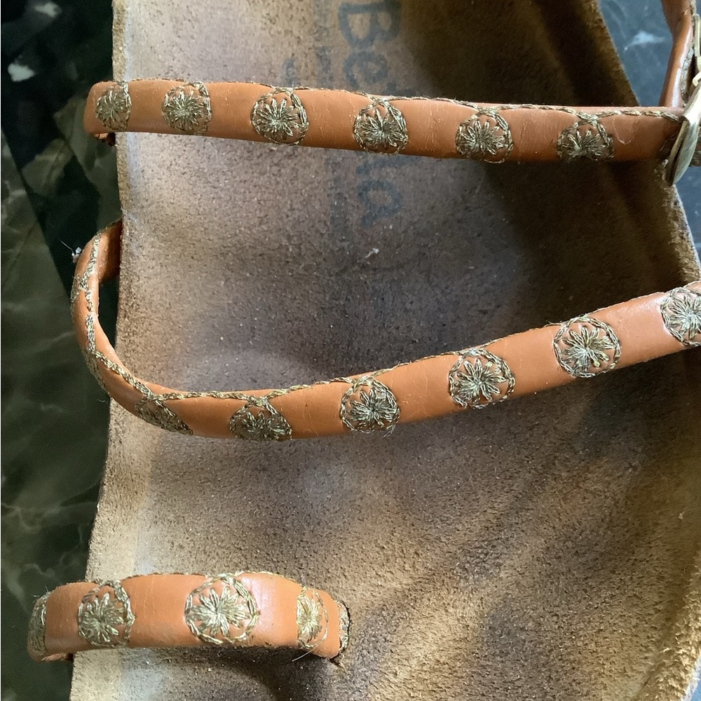Birkenstock betula rare tan leather gold floral metallic triple strap sandals 7 - Picture 4 of 6